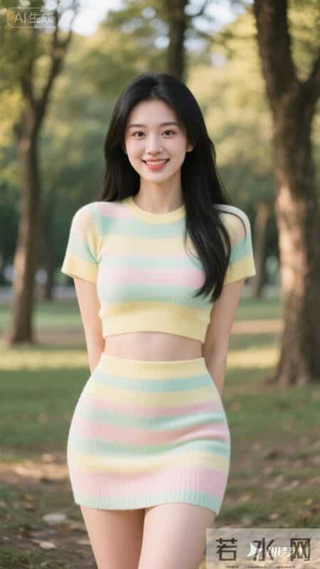 穿上彩色条纹针织套装，走在林间小路上，舒服又好看