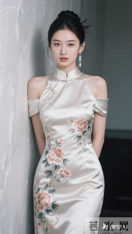 缎面旗袍绣繁花，立领高开叉，在回廊间邂逅东方雅致