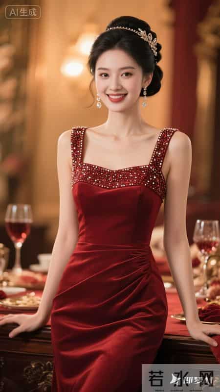 正红缎面鱼尾礼服缀满钻饰，衬得身姿窈窕，明艳大气