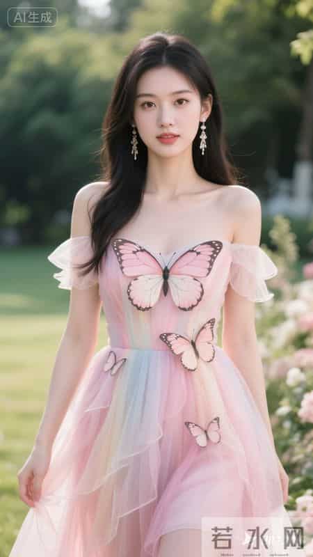 渐变粉纱裙配蝴蝶装饰,邂逅粉色浪漫