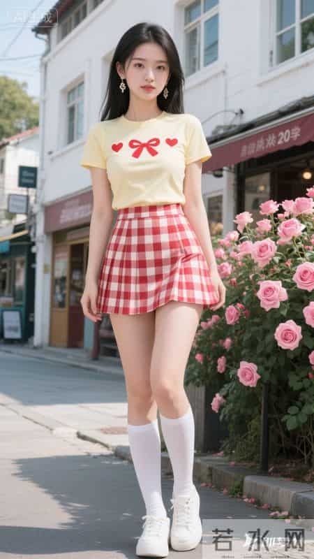 黄色短袖搭格纹短裙，青春又有活力