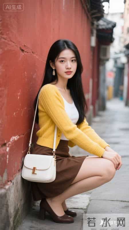 明黄针织开衫搭配白背心与棕短裙，活力又温柔