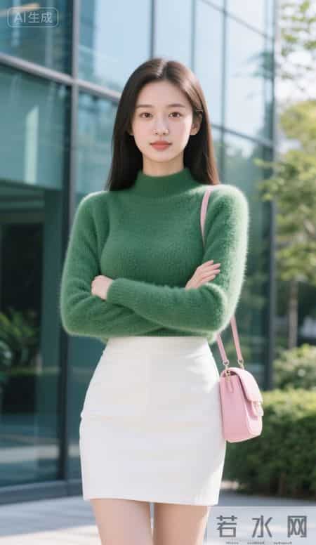 阳光下的绿毛衣与白裙子