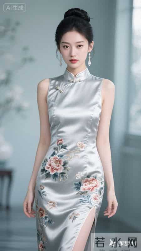 缎面旗袍绣繁花，立领高开叉，在回廊间邂逅东方雅致