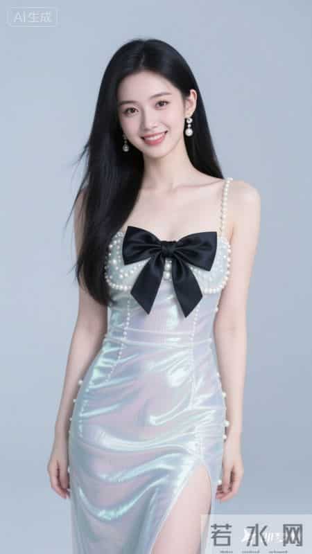 黑色亮面吊带裙，蝴蝶结与珍珠装饰，甜酷又亮眼