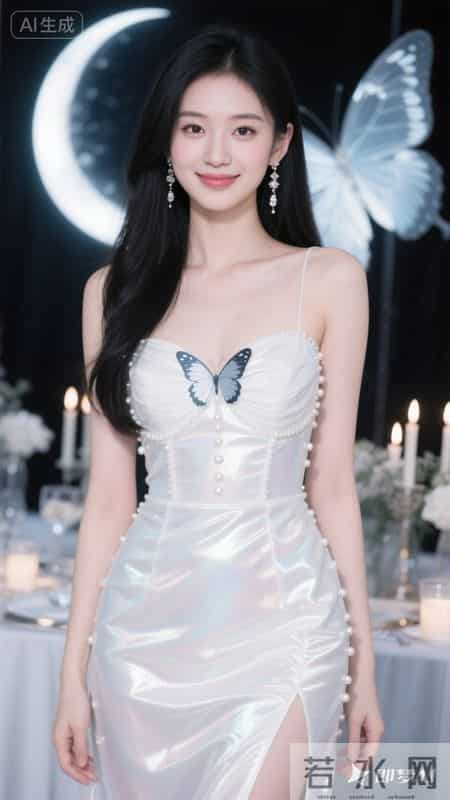 幻彩白缎面吊带裙，蝴蝶装饰，优雅灵动