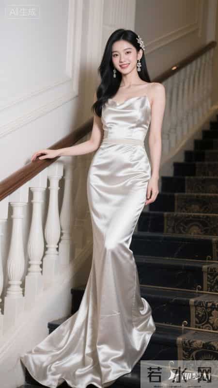 缎面鱼尾礼服拖尾蜿蜒，尽显优雅华贵气质