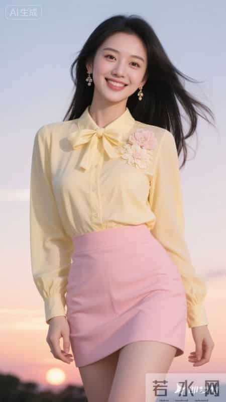 春日穿搭-奶黄衬衫+粉色短裙