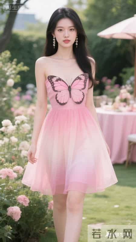 渐变粉纱裙配蝴蝶装饰,邂逅粉色浪漫