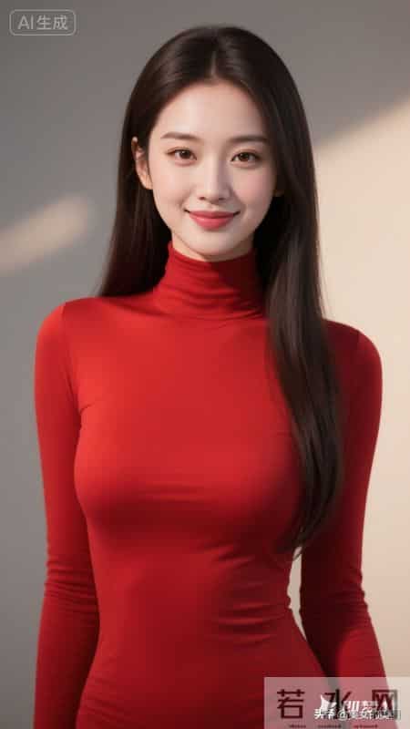 绝色佳人,中国红色高领打底上衣女人,美极了