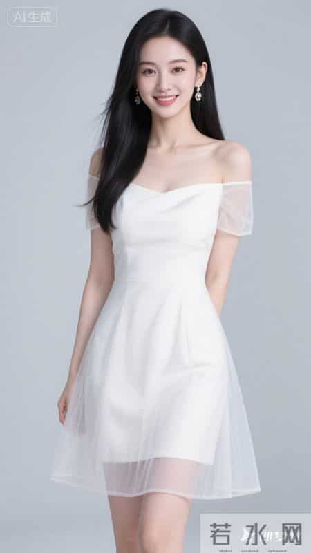 一字肩网纱连衣裙，薄袖轻透，裙摆灵动，尽显温柔优雅的气质