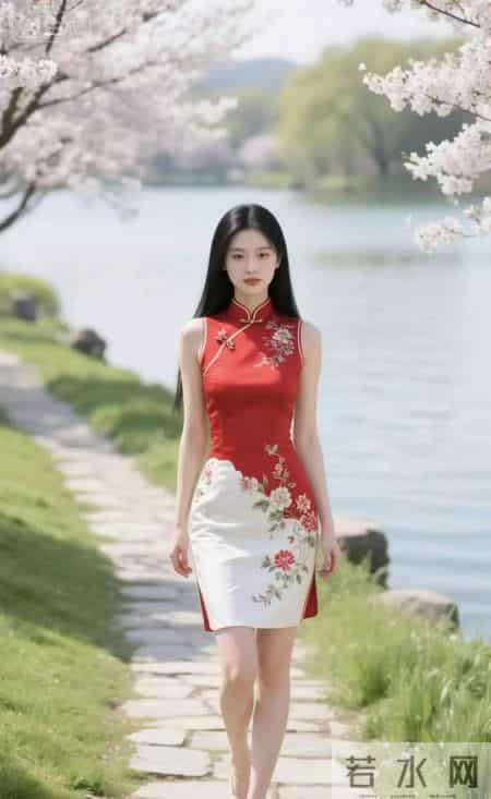 新中式风格设计衣服美女 穿梭在樱花盛开地方