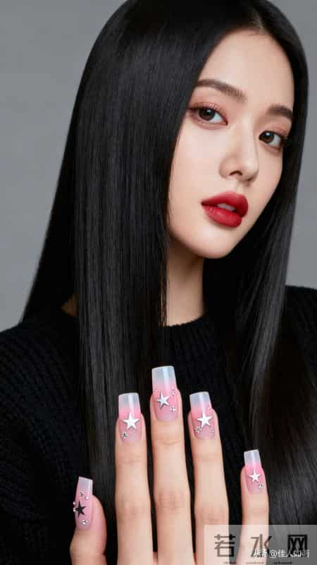 黑毛衣+渐变粉美甲，极简风也能美到发光