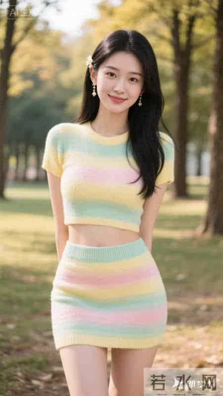 穿上彩色条纹针织套装，走在林间小路上，舒服又好看