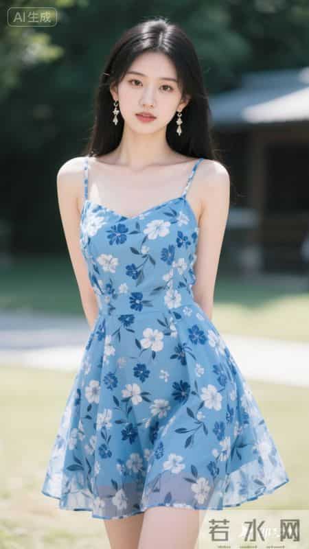 蓝底碎花吊带裙清新治愈，A字裙摆活力无限