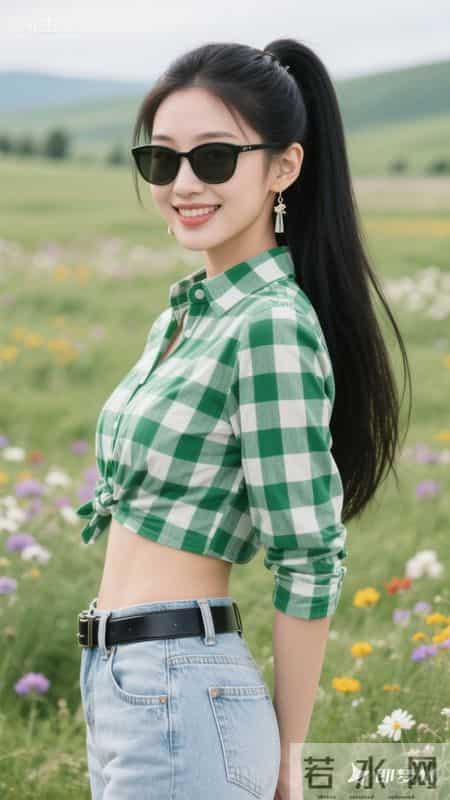 绿白格纹衬衫配高腰牛仔裤，置身开满野花的草原，清新活力又治愈