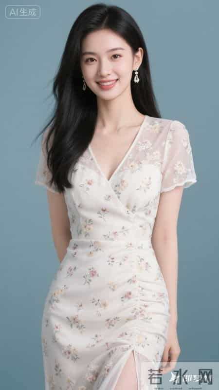 V领碎花连衣裙，鱼尾裙摆，清新又显身材