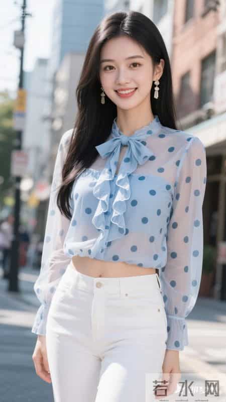 蓝色波点雪纺衬衫搭配白色裤子，清爽又清甜