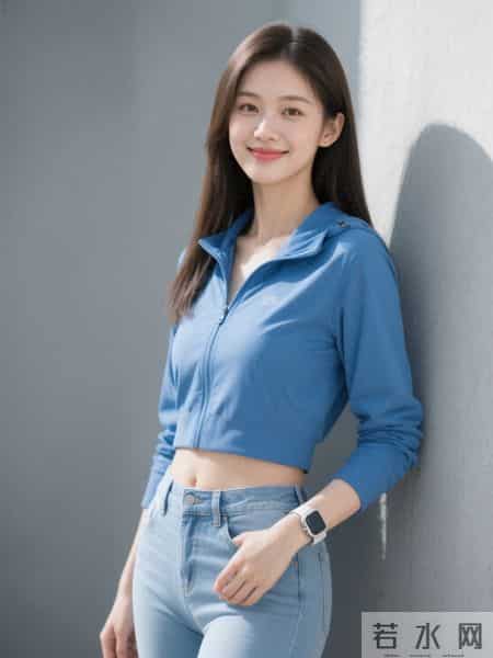 光影下的蓝色冲锋衣与牛仔裤