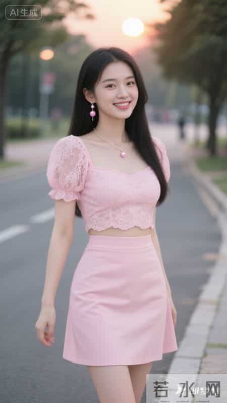 粉蕾丝泡泡袖上衣配同色包臀裙，漫步黄昏街道，甜美精致又温柔