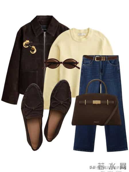 早春穿搭灵感配色方案:嫩黄 + 棕色-灰色 = 温柔高级感