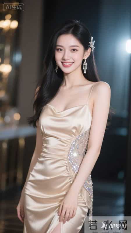 香槟色缎面吊带裙缀满钻饰流苏，开叉设计尽显优雅又不失性感魅力