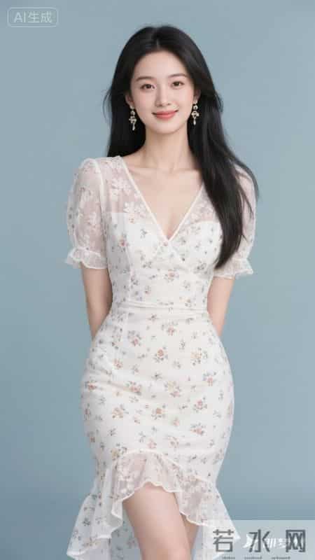 V领碎花连衣裙，鱼尾裙摆，清新又显身材