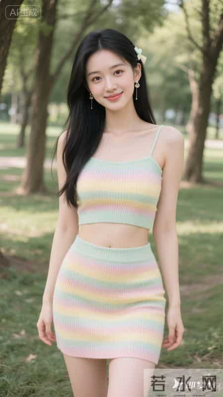 穿上彩色条纹针织套装，走在林间小路上，舒服又好看