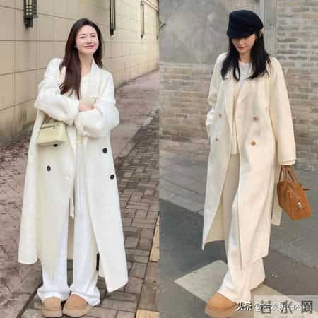优雅的白色长裤搭配羊绒大衣，是不过时的经典