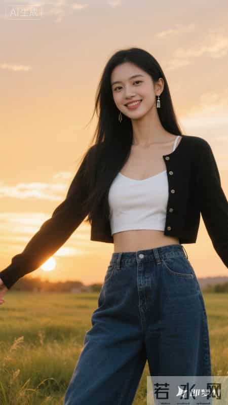 落日为背景，黑白简约搭牛仔，是属于傍晚的松弛浪漫