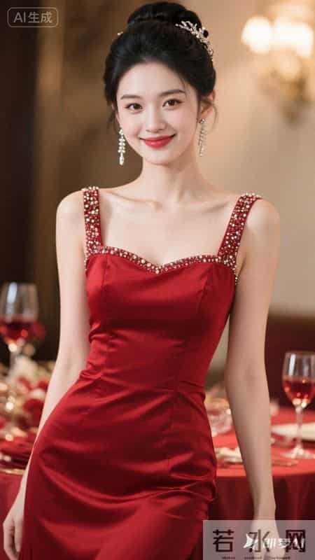 正红缎面鱼尾礼服缀满钻饰，衬得身姿窈窕，明艳大气