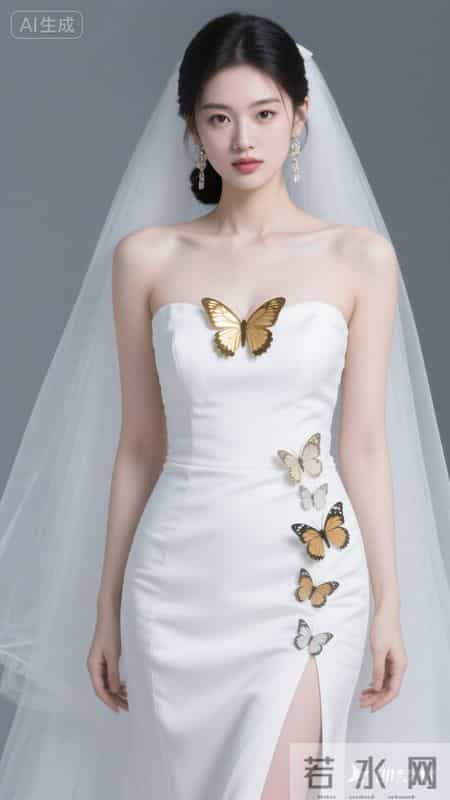 一袭抹胸白裙缀满金蝶，清冷又尽显优雅韵味