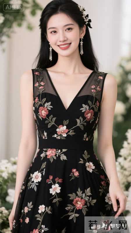 繁花缀满黑裙,温柔又明艳,在花墙前,氛围感直接拉满