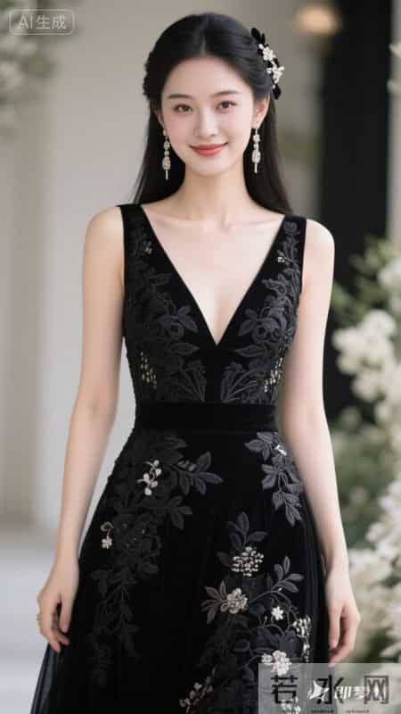 繁花缀满黑裙,温柔又明艳,在花墙前,氛围感直接拉满