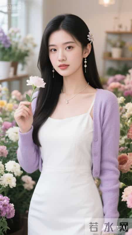 花房里，穿纯白抹胸裙搭淡紫开衫，于缤纷花簇间静立，温柔又清甜