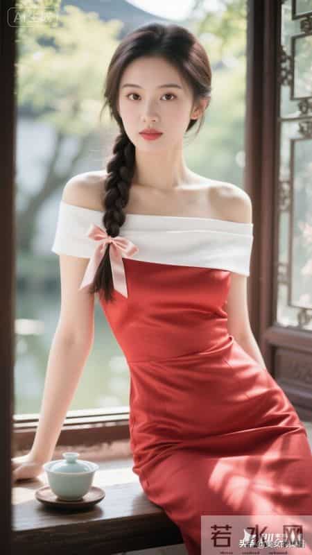 美女清新脱俗，穿真丝淡红色华丽紧身衣裙，美极了