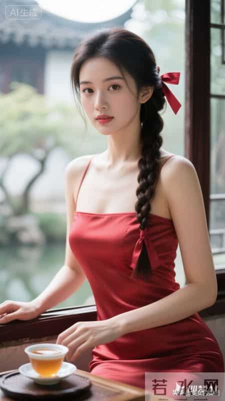 美女清新脱俗，穿真丝淡红色华丽紧身衣裙，美极了