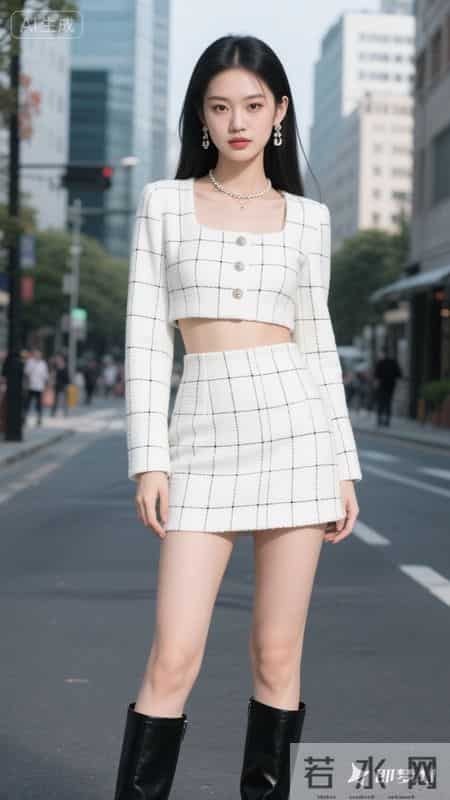 身着白格纹小香风套装，搭配黑靴，尽显精致利落的时尚感