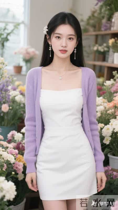 花房里，穿纯白抹胸裙搭淡紫开衫，于缤纷花簇间静立，温柔又清甜