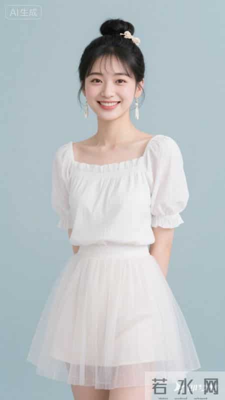 浅粉方领泡泡袖上衣配网纱短裙，清甜又温柔