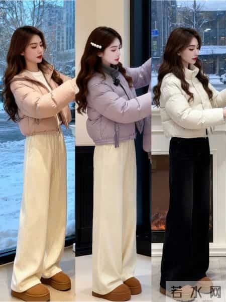 短款羽绒服利落显高，小黑裤+长靴的组合怎么搭都不会错。