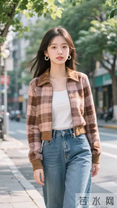 温暖复古的秋日街头风~格纹短款外套搭配毛绒领，内搭白T+牛仔裤