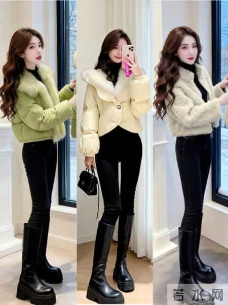 短款羽绒服利落显高，小黑裤+长靴的组合怎么搭都不会错。