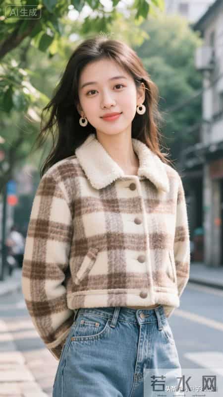 温暖复古的秋日街头风~格纹短款外套搭配毛绒领，内搭白T+牛仔裤