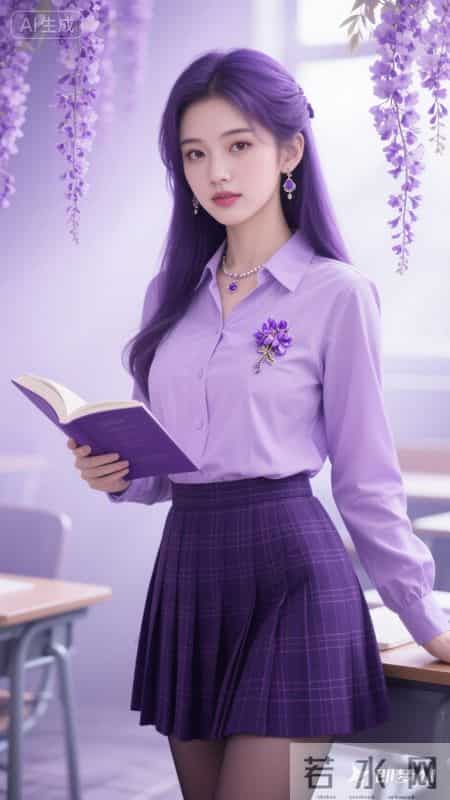 浅紫衬衫配格纹短裙,是青春里的一抹亮色