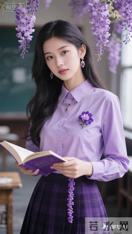 浅紫衬衫配格纹短裙,是青春里的一抹亮色