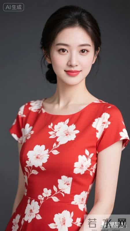 晚上好,红底白花半袖连衣裙女人