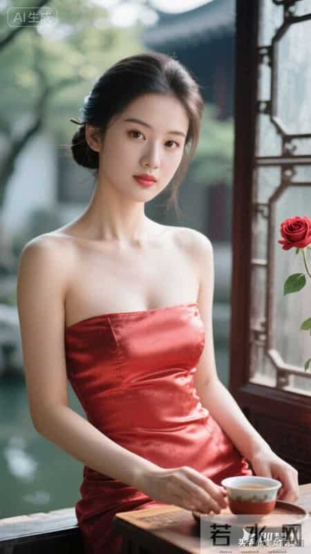 美女清新脱俗，穿真丝淡红色华丽紧身衣裙，美极了