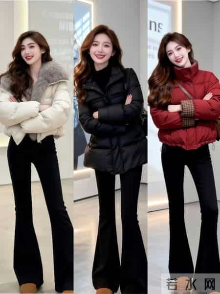 短款羽绒服利落显高，小黑裤+长靴的组合怎么搭都不会错。