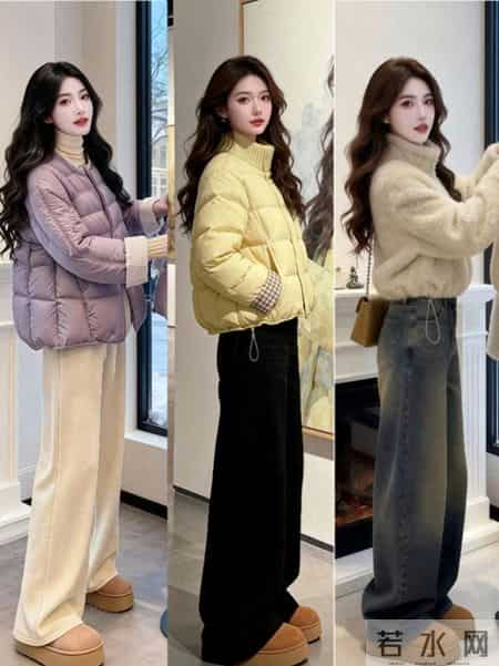 短款羽绒服利落显高，小黑裤+长靴的组合怎么搭都不会错。